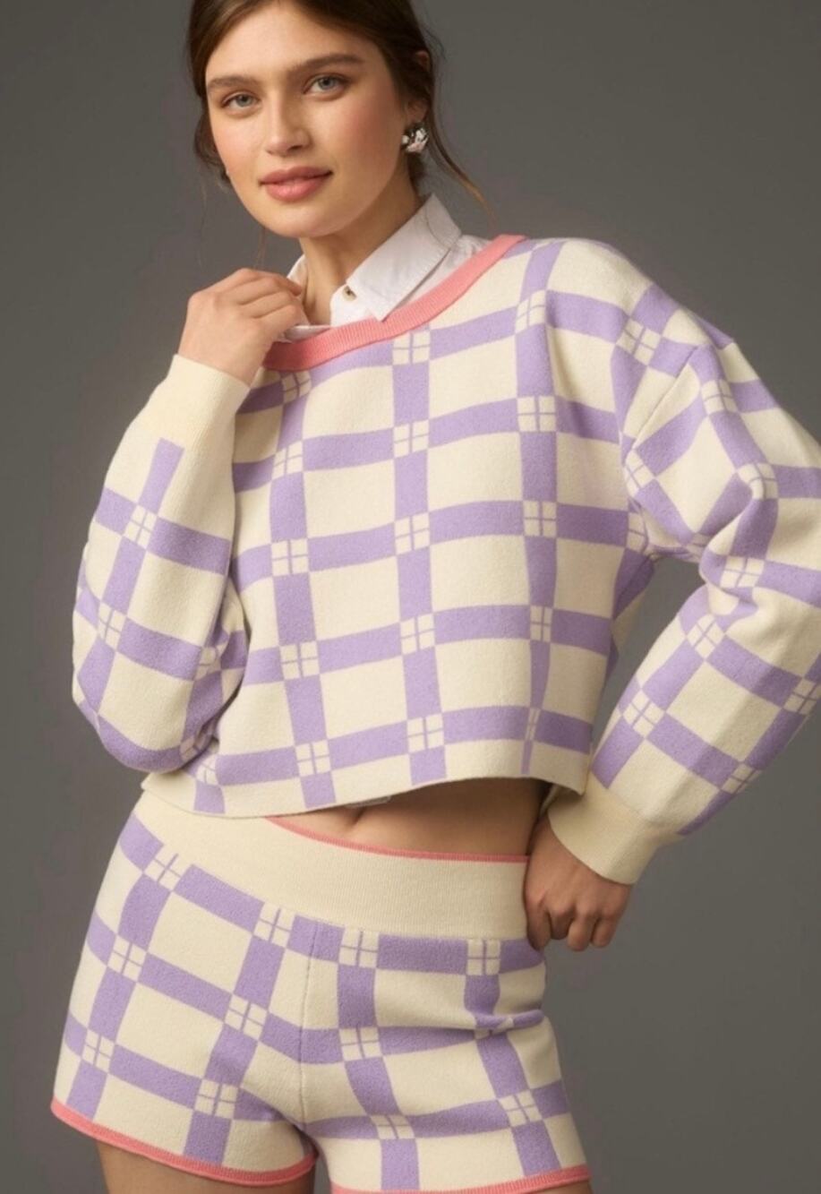 Daily Practice Anthropologie Sweater & Short Set Purple Checkered - Large & Med